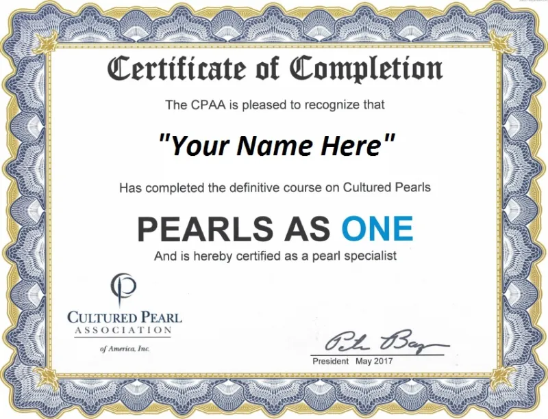 CPAA Certificate of Completion for the Cultured Pearl Association of America grading course